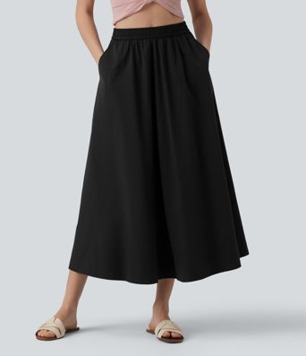 High Waisted A-Line Midi Casual Skirt with Pockets