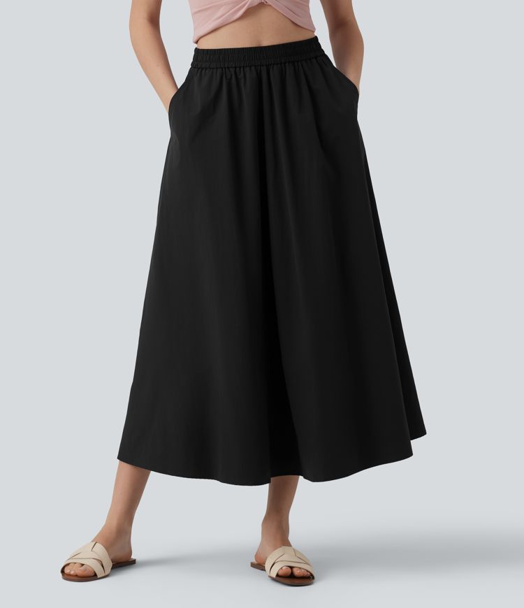 High Waisted A-Line Midi Casual Skirt with Pockets