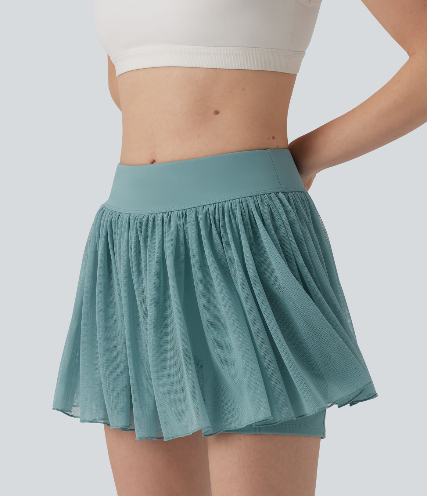 Mid Rise Contrast Mesh 2-in-1 Mini Tennis Skirt with Pocket