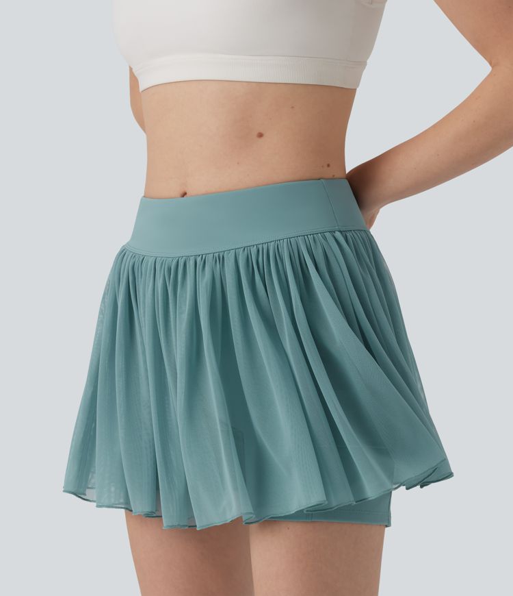 Mid Rise Contrast Mesh 2-in-1 Mini Tennis Skirt with Pocket