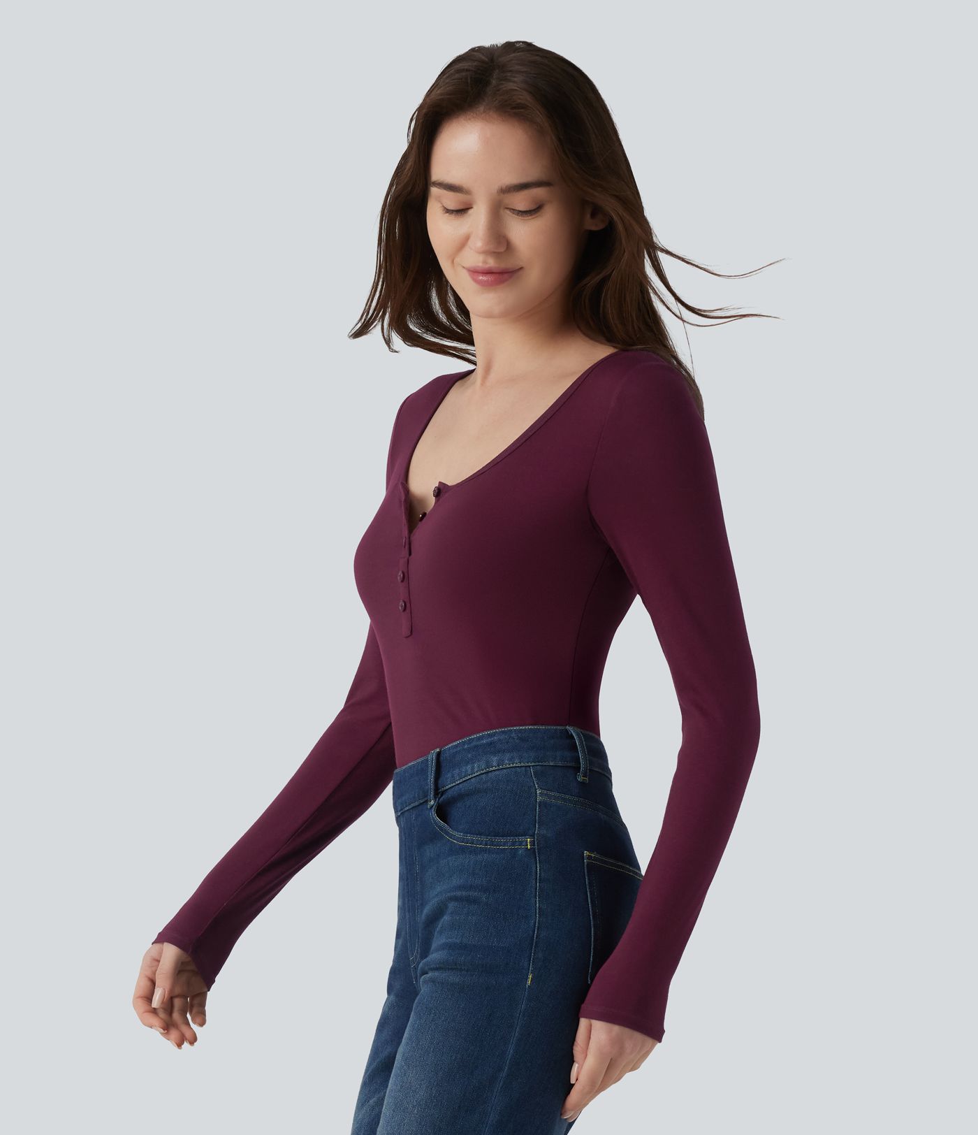 Ribbed Henley Neck Long Sleeve Slim Casual T-Shirt