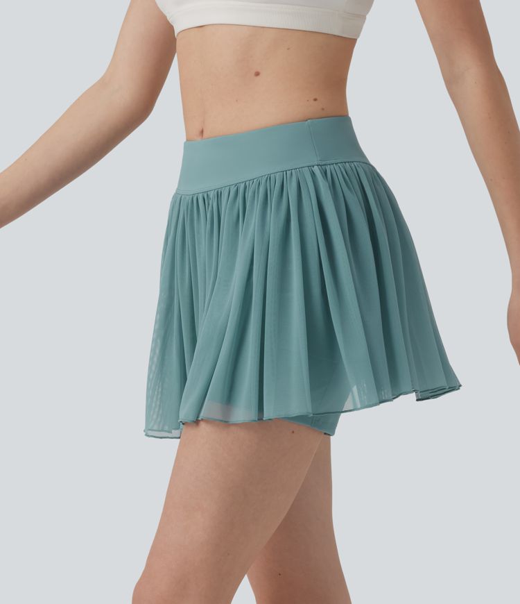 Mid Rise Contrast Mesh 2-in-1 Mini Tennis Skirt with Pocket
