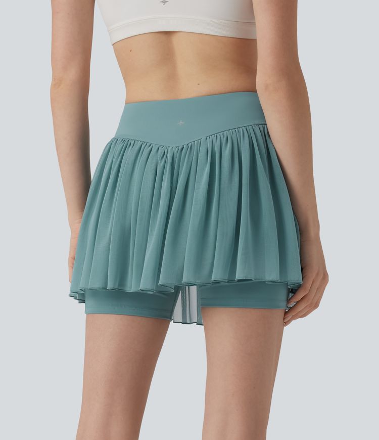 Mid Rise Contrast Mesh 2-in-1 Mini Tennis Skirt with Pocket