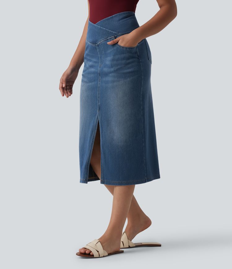 Halara Flex™ Asymmetric High Waisted Tummy Control Split Denim Casual Straight Skirt with Pockets