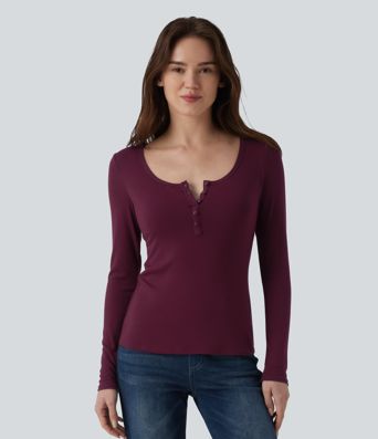 Ribbed Henley Neck Long Sleeve Slim Casual T-Shirt