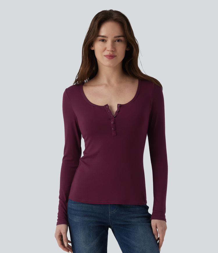 Ribbed Henley Neck Long Sleeve Slim Casual T-Shirt