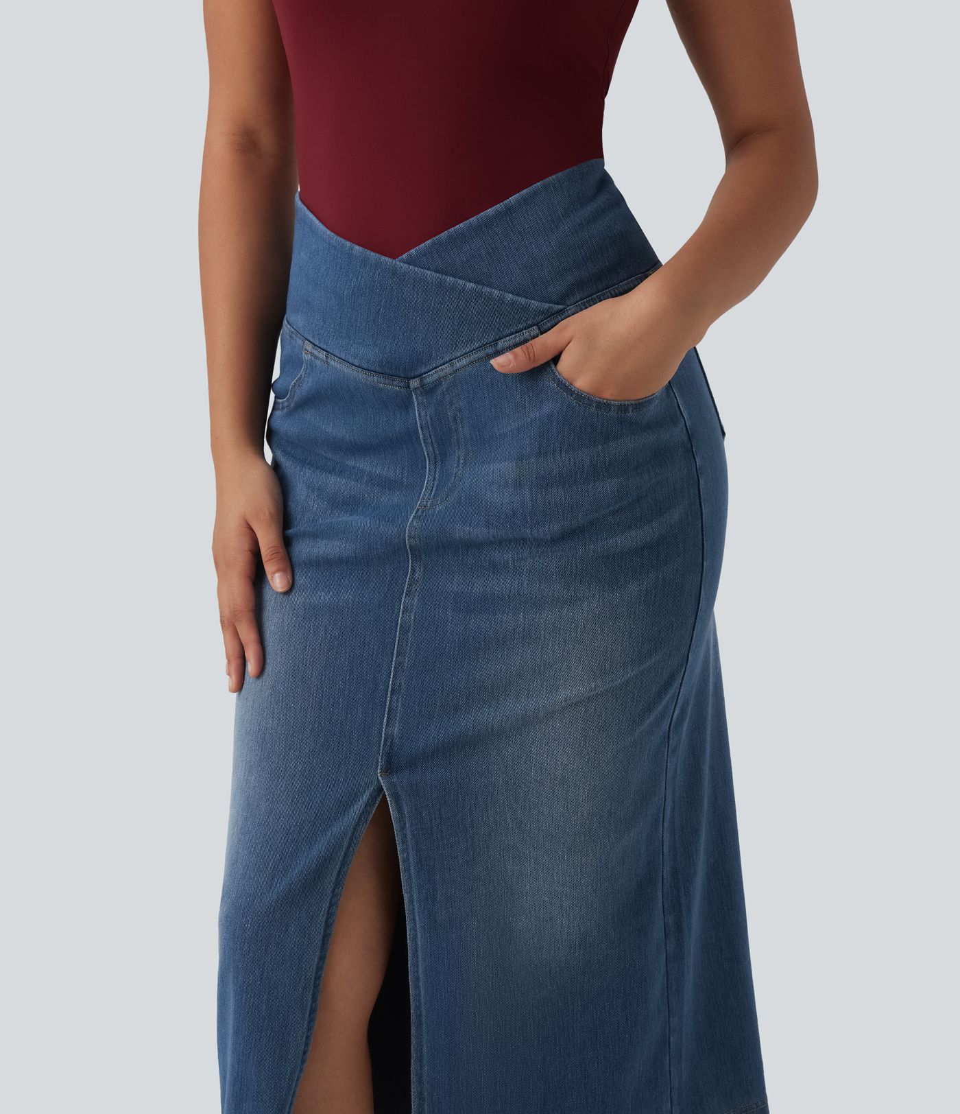 Halara Flex™ Asymmetric High Waisted Tummy Control Split Denim Casual Straight Skirt with Pockets