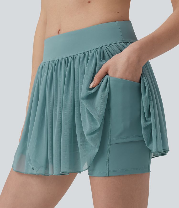 Mid Rise Contrast Mesh 2-in-1 Mini Tennis Skirt with Pocket