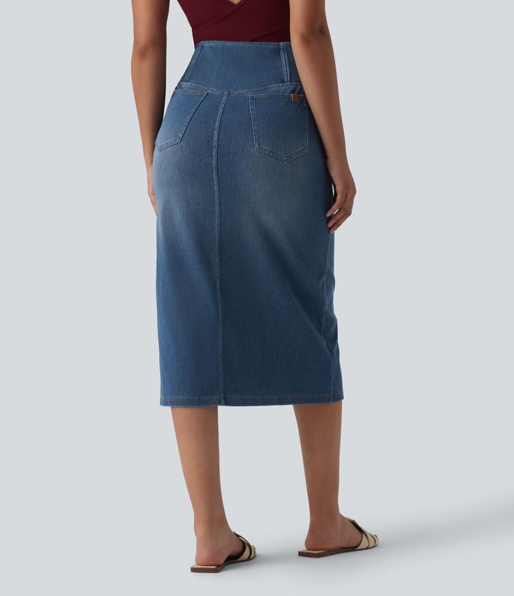 Halara Flex™ Asymmetric High Waisted Tummy Control Split Denim Casual Straight Skirt with Pockets