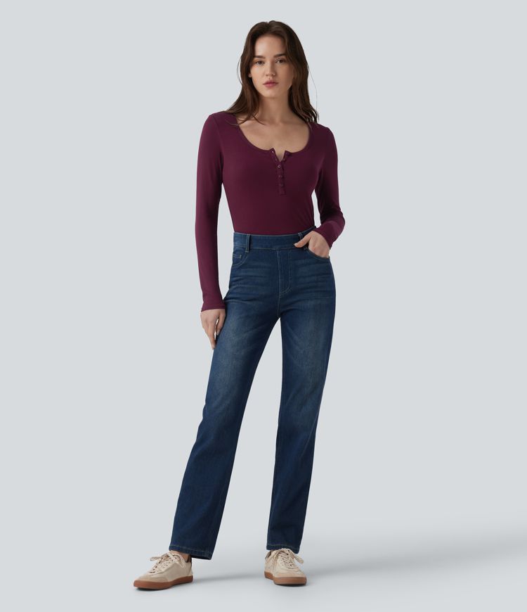 Ribbed Henley Neck Long Sleeve Slim Casual T-Shirt