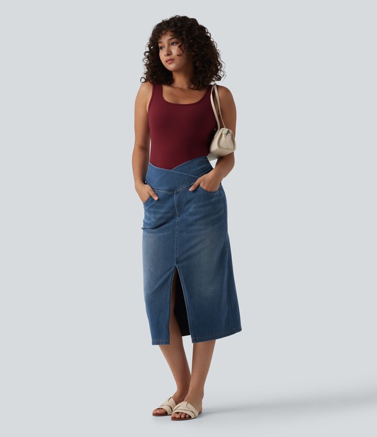 Halara Flex™ Asymmetric High Waisted Tummy Control Split Denim Casual Straight Skirt with Pockets