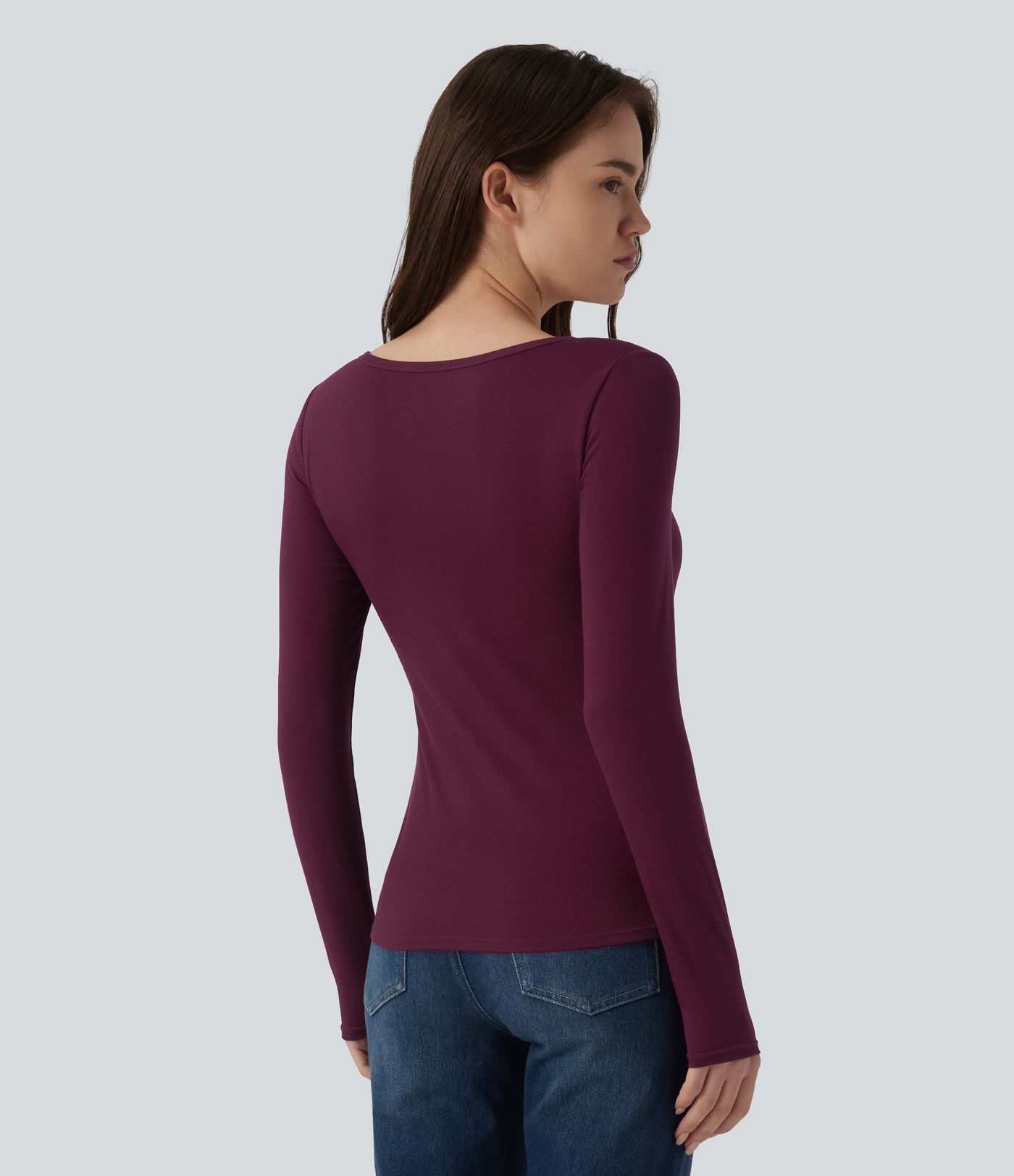Ribbed Henley Neck Long Sleeve Slim Casual T-Shirt