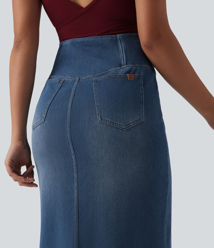 Halara Flex™ Asymmetric High Waisted Tummy Control Split Denim Casual Straight Skirt with Pockets