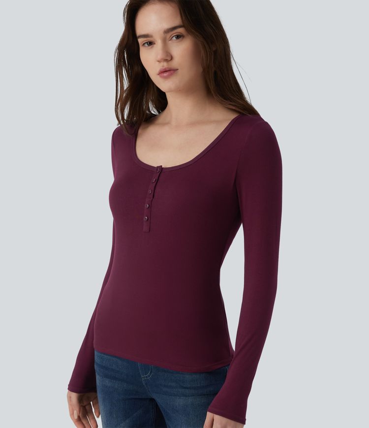 Ribbed Henley Neck Long Sleeve Slim Casual T-Shirt