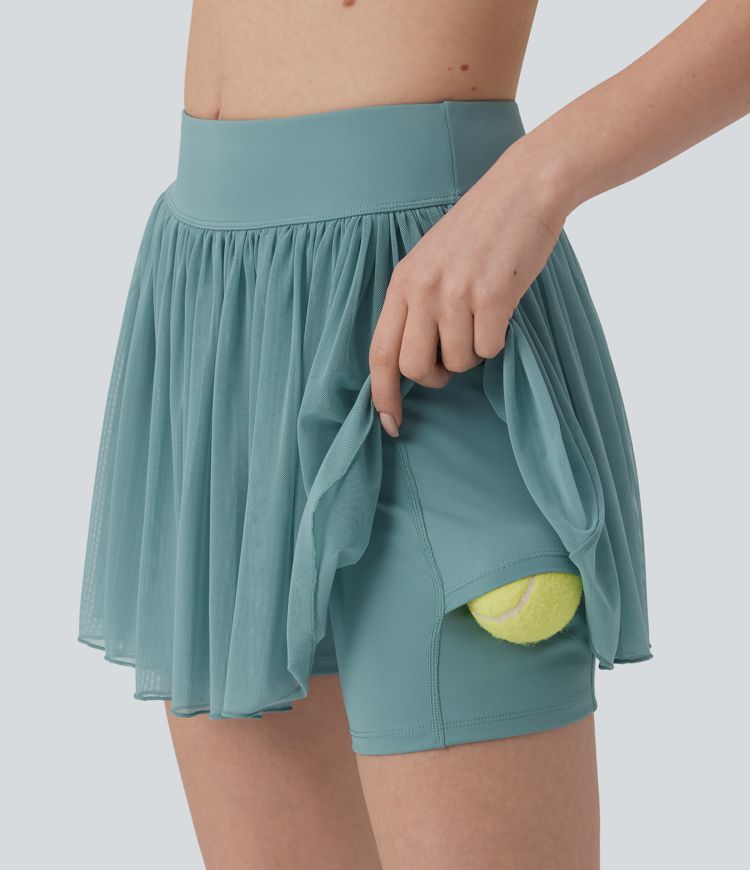 Mid Rise Contrast Mesh 2-in-1 Mini Tennis Skirt with Pocket