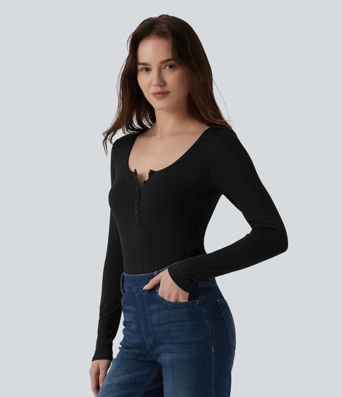 T-shirt slim décontracté à manches longues et col henley côtelé T-shirt slim décontracté à manches longues et col henley côtelé