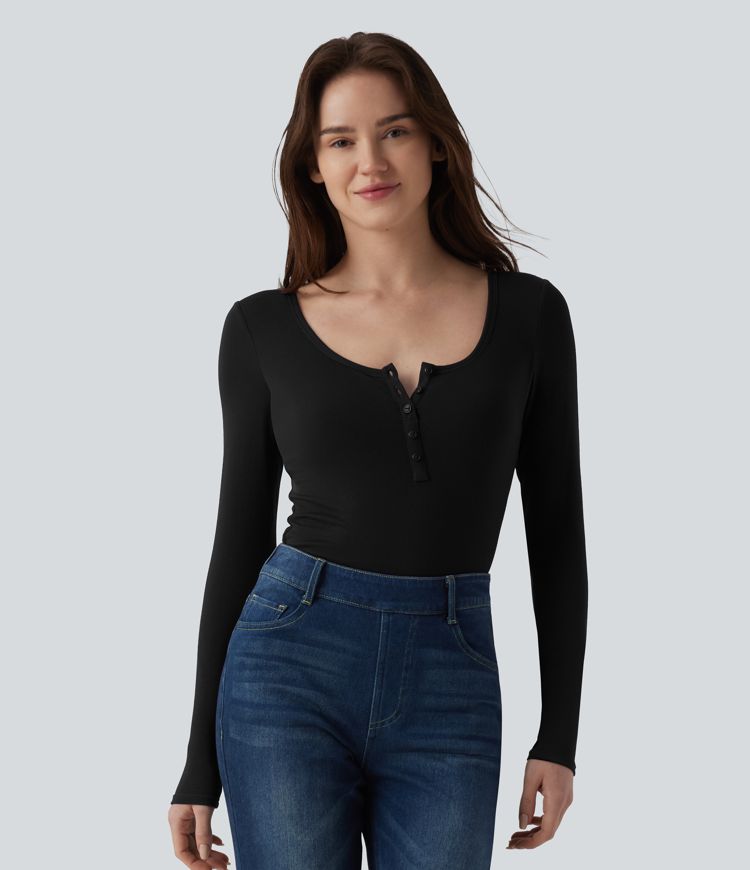 T-shirt slim décontracté à manches longues et col henley côtelé T-shirt slim décontracté à manches longues et col henley côtelé