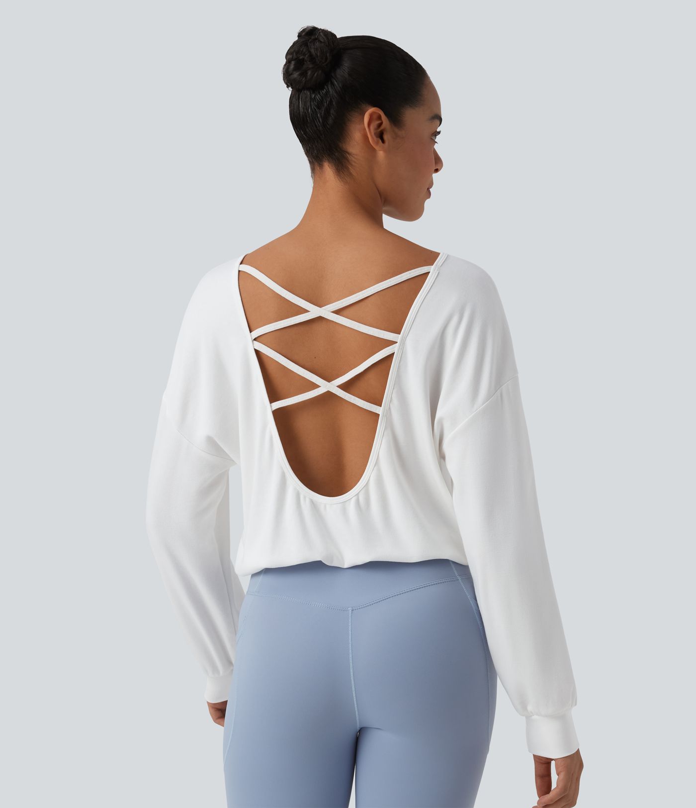 Crisscross Backless Scoop Neck Long Sleeve Yoga Cotton Sports Top