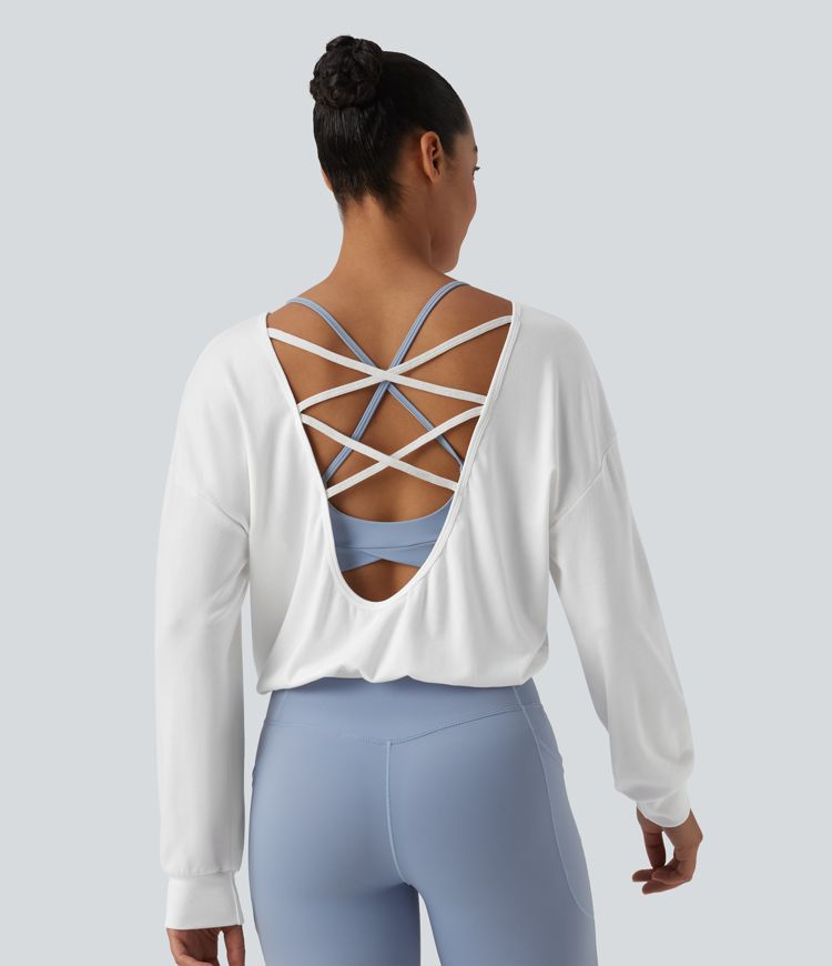 Crisscross Backless Scoop Neck Long Sleeve Yoga Cotton Sports Top