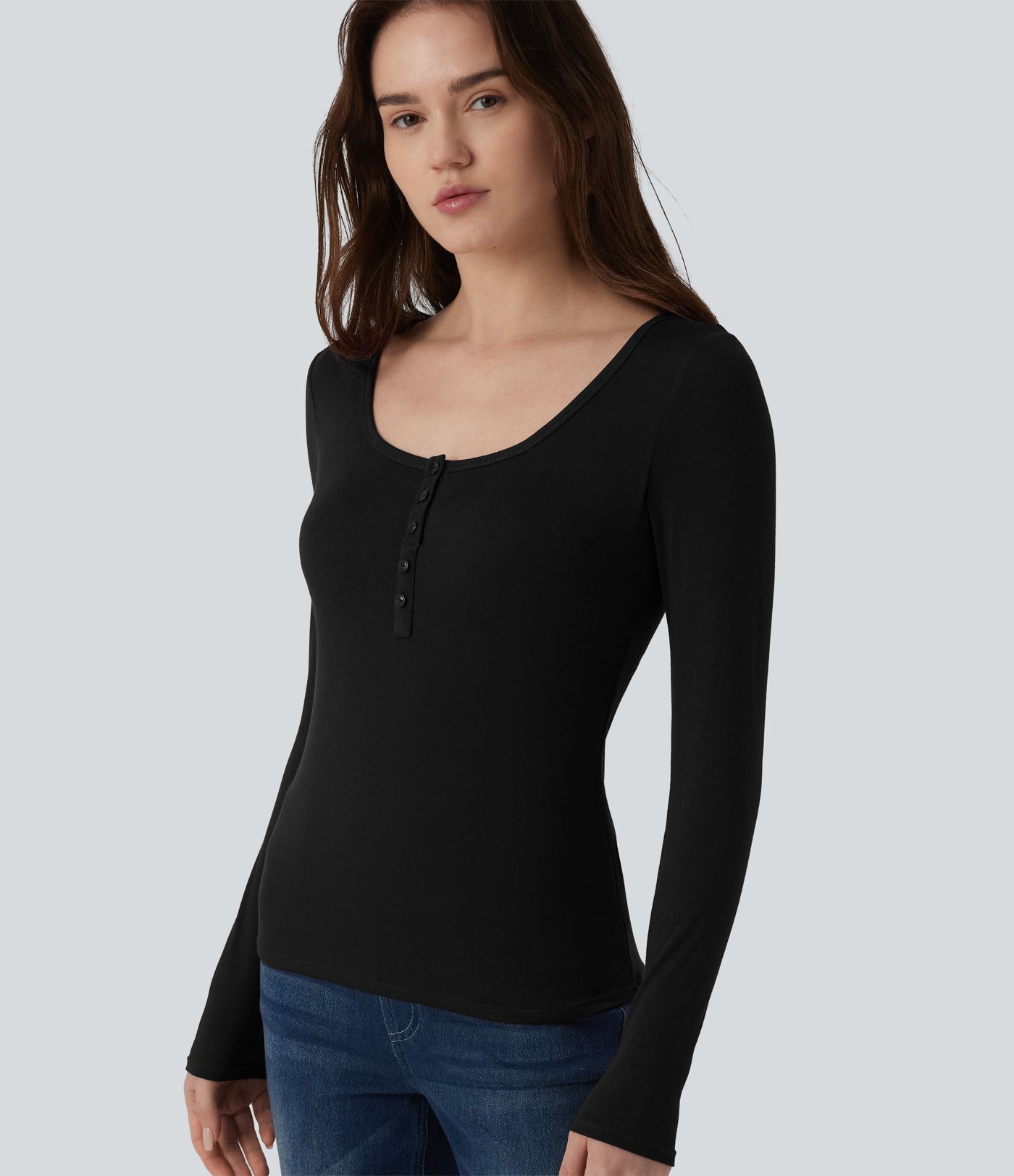 T-shirt slim décontracté à manches longues et col henley côtelé T-shirt slim décontracté à manches longues et col henley côtelé
