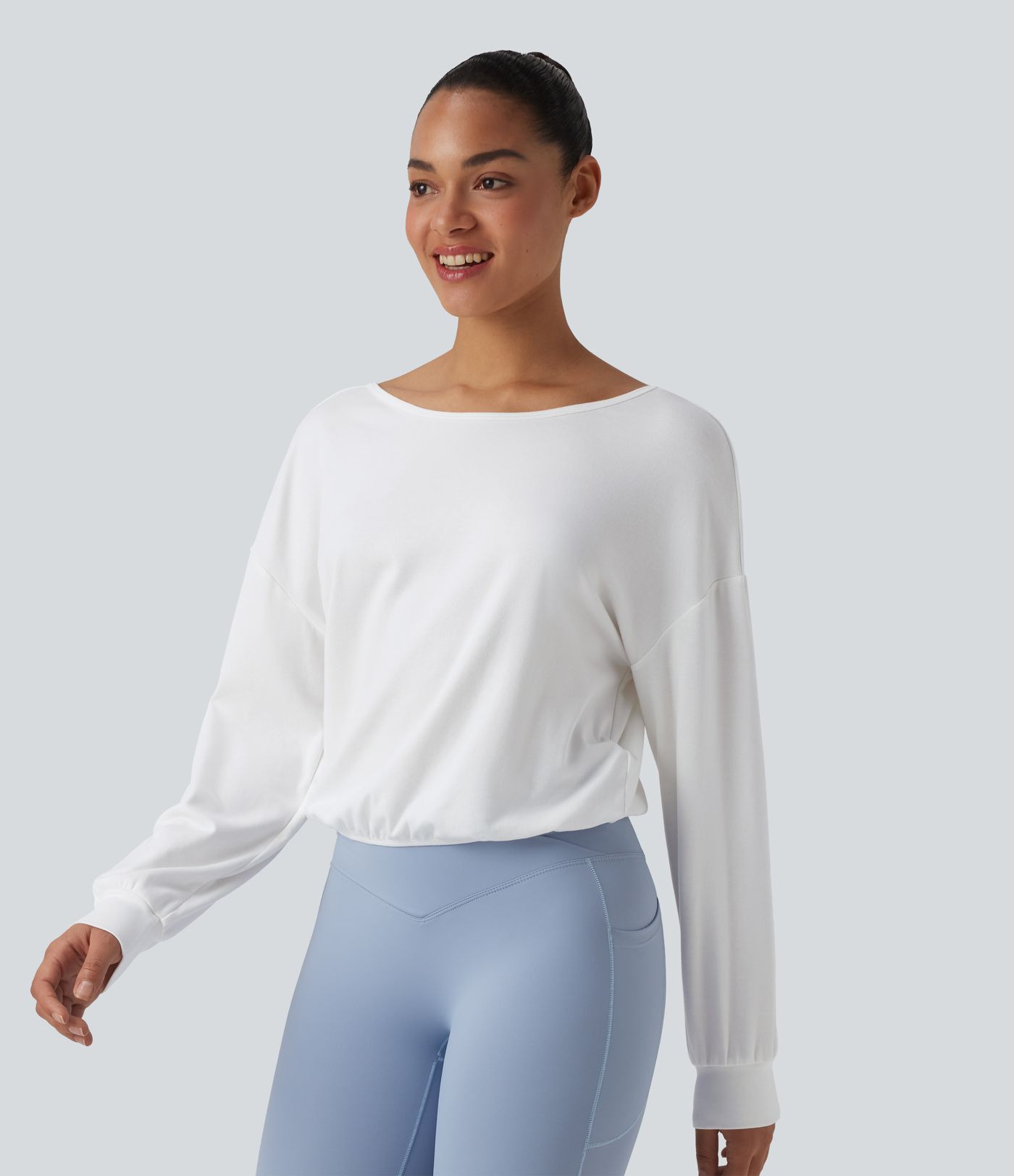 Crisscross Backless Scoop Neck Long Sleeve Yoga Cotton Sports Top