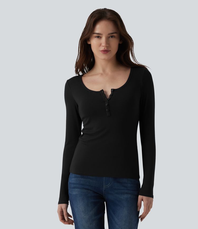T-shirt slim décontracté à manches longues et col henley côtelé T-shirt slim décontracté à manches longues et col henley côtelé