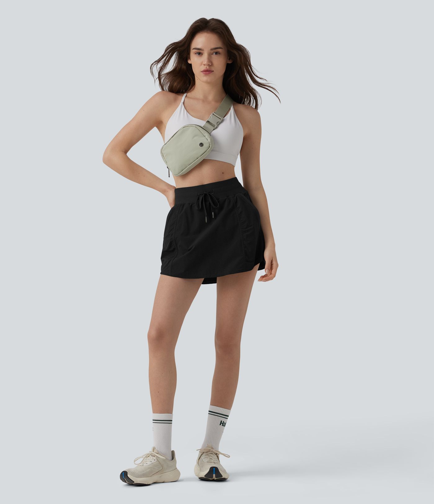 High Waisted Drawstring Mini 2-in-1 Workout A-line Skirt with Pockets