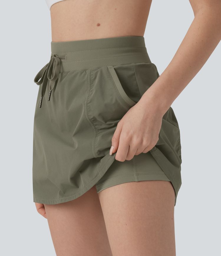 High Waisted Drawstring Mini 2-in-1 Workout A-line Skirt with Pockets