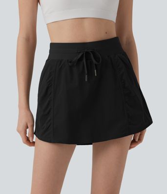 High Waisted Drawstring Mini 2-in-1 Workout A-line Skirt with Pockets