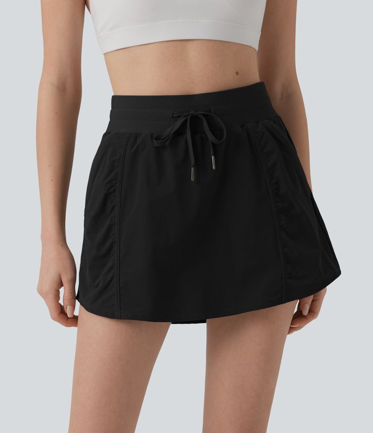 High Waisted Drawstring Mini 2-in-1 Workout A-line Skirt with Pockets