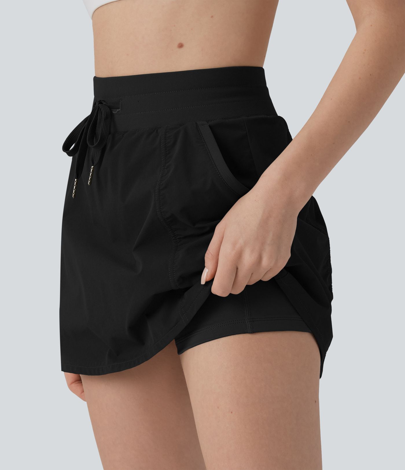High Waisted Drawstring Mini 2-in-1 Workout A-line Skirt with Pockets