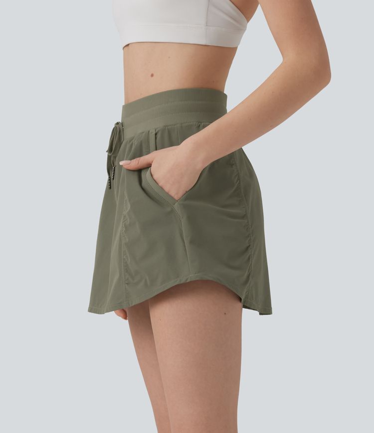High Waisted Drawstring Mini 2-in-1 Workout A-line Skirt with Pockets