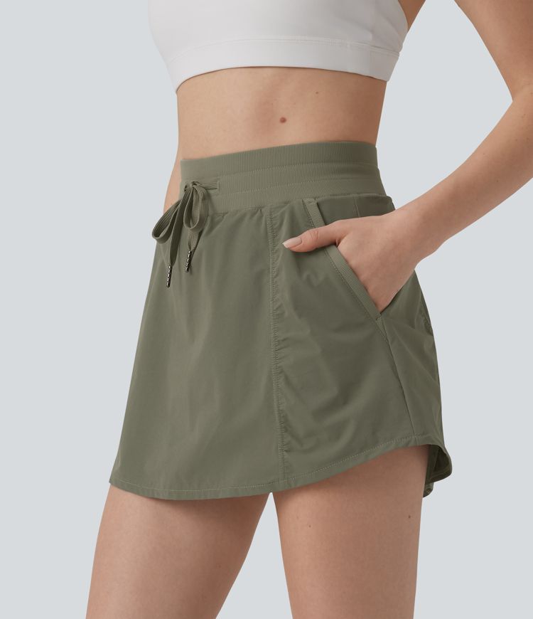 High Waisted Drawstring Mini 2-in-1 Workout A-line Skirt with Pockets