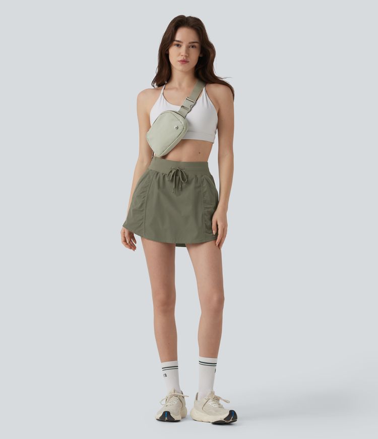 High Waisted Drawstring Mini 2-in-1 Workout A-line Skirt with Pockets