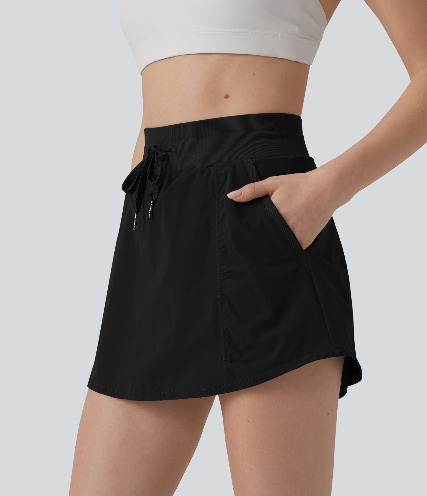 High Waisted Drawstring Mini 2-in-1 Workout A-line Skirt with Pockets