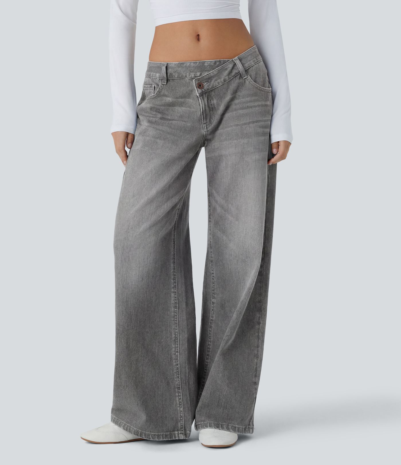 Halara Flex™ Jean large asymétrique taille basse avec bouton, fermeture éclair et poches multiples, délavé et extensible en maille Halara Flex™ Jean large asymétrique taille basse avec bouton, fermeture éclair et poches multiples, délavé et extensible en maille