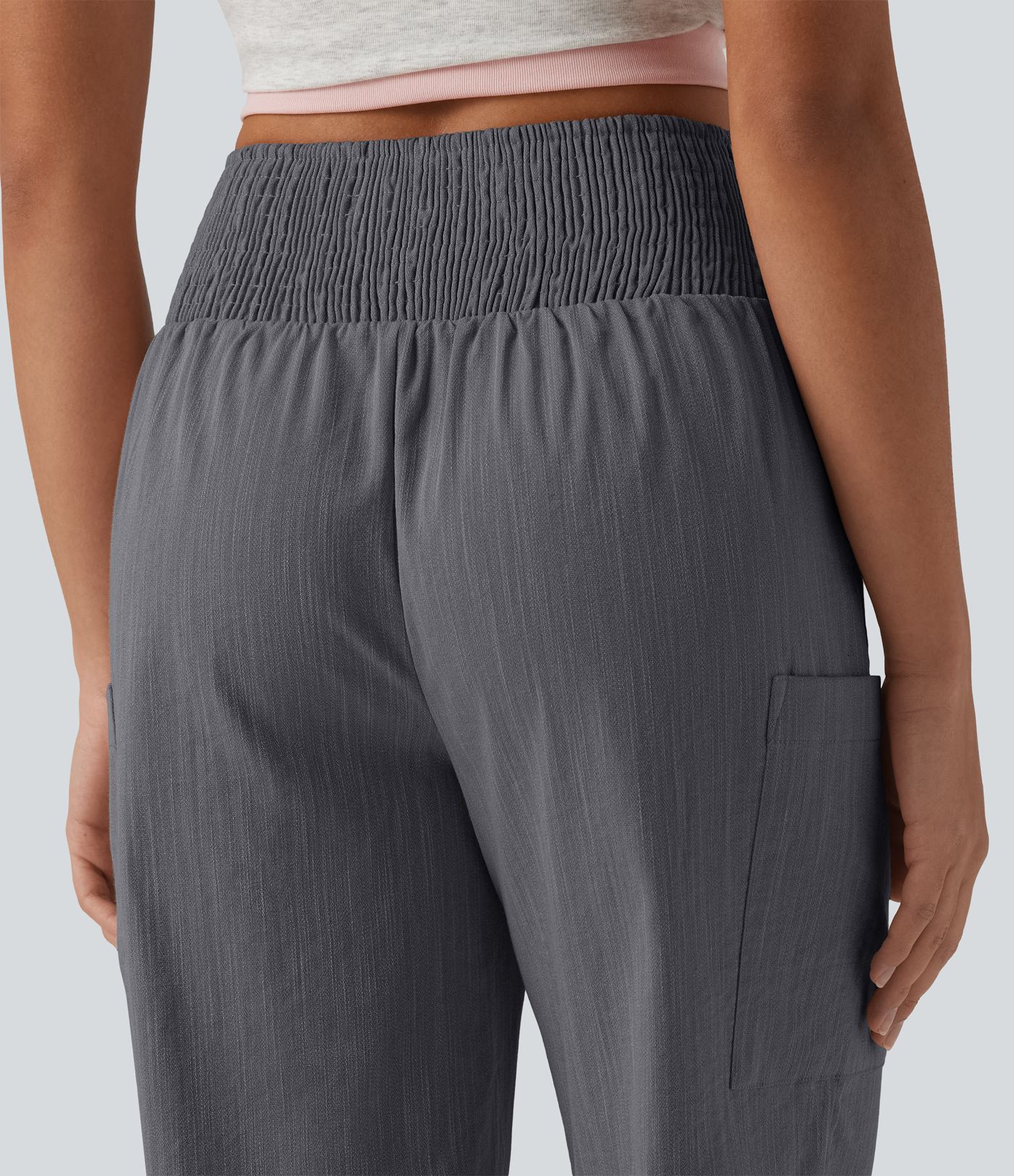 High Waisted Shirred Tapered Casual Linen-Feel Joggers with Pockets