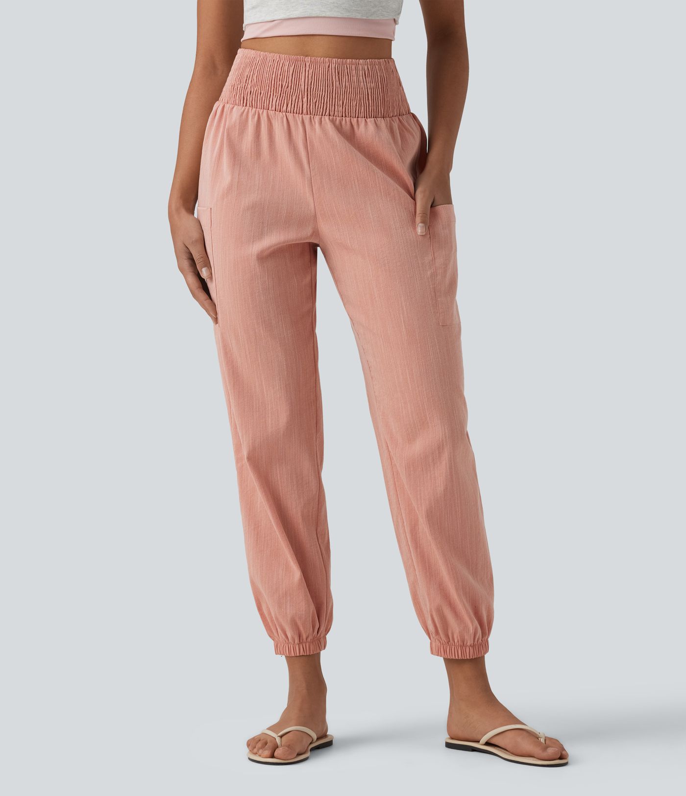High Waisted Shirred Tapered Casual Linen-Feel Joggers with Pockets