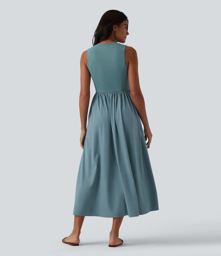 Breezeful™ Henley Neck Sleeveless Quick Dry Flowy Flare Midi Casual Dress with Pockets