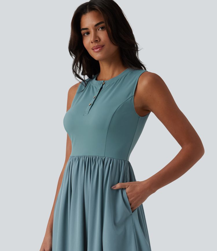 Breezeful™ Henley Neck Sleeveless Quick Dry Flowy Flare Midi Casual Dress with Pockets