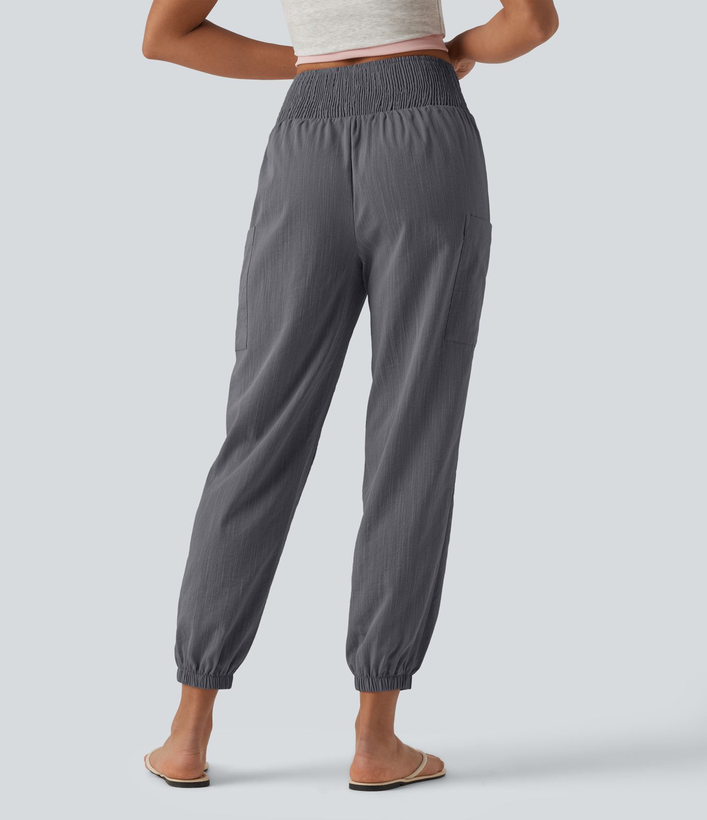 High Waisted Shirred Tapered Casual Linen-Feel Joggers with Pockets
