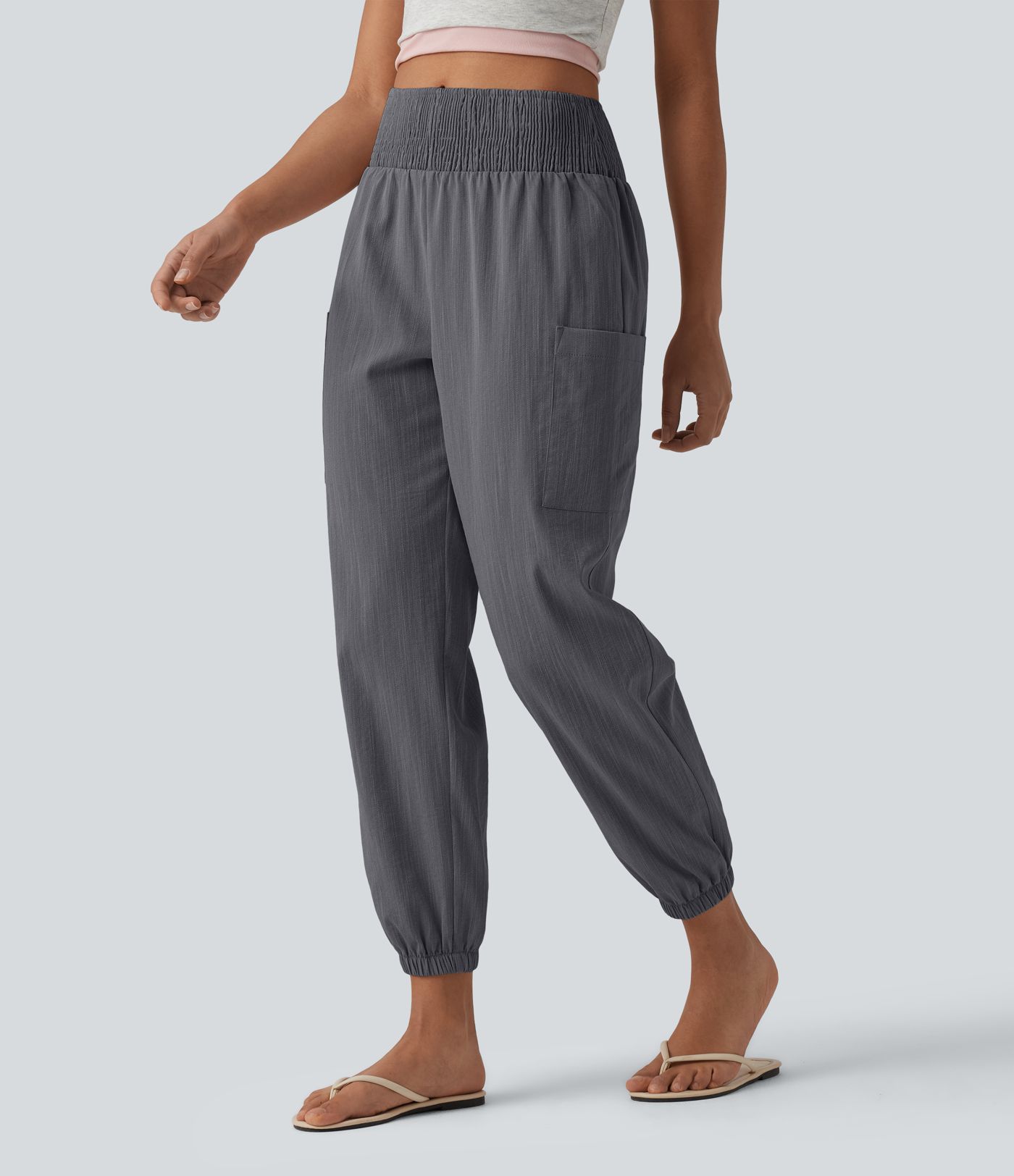 High Waisted Shirred Tapered Casual Linen-Feel Joggers with Pockets