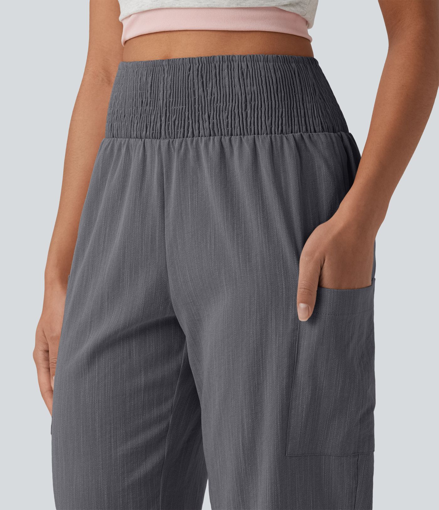 High Waisted Shirred Tapered Casual Linen-Feel Joggers with Pockets