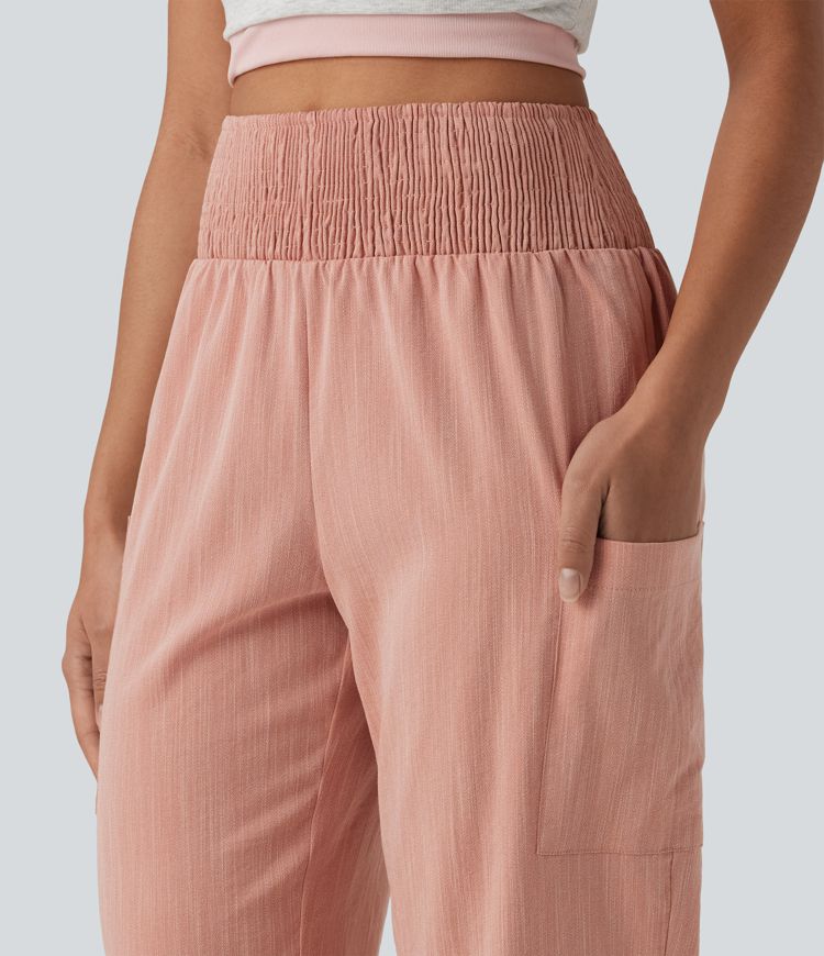 High Waisted Shirred Tapered Casual Linen-Feel Joggers with Pockets