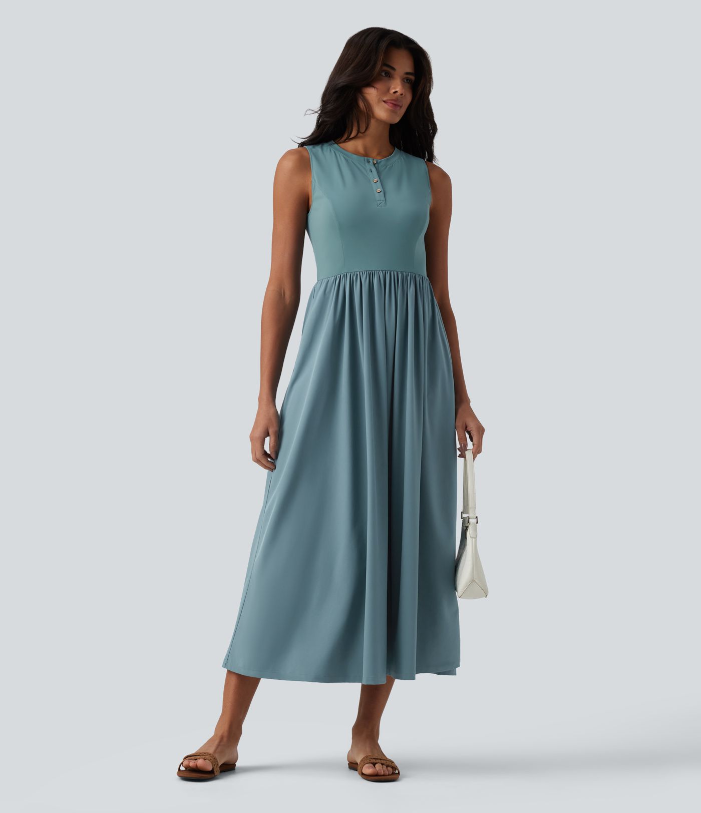 Breezeful™ Henley Neck Sleeveless Quick Dry Flowy Flare Midi Casual Dress with Pockets
