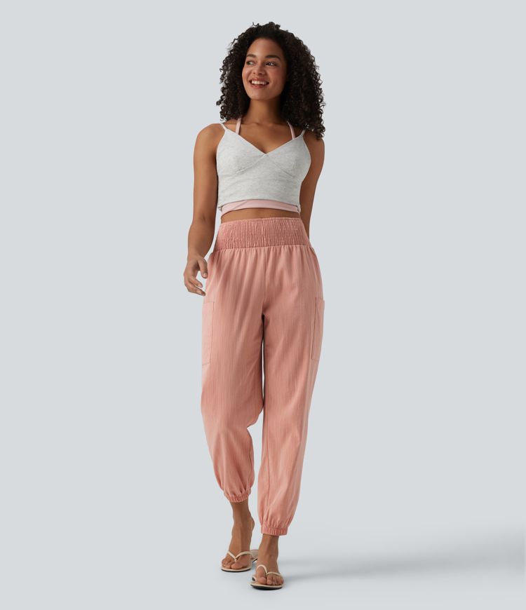 High Waisted Shirred Tapered Casual Linen-Feel Joggers with Pockets