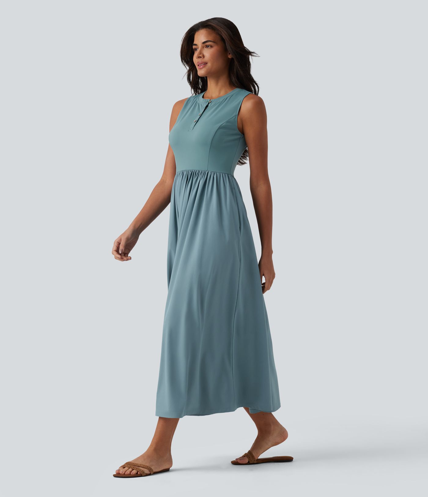 Breezeful™ Henley Neck Sleeveless Quick Dry Flowy Flare Midi Casual Dress with Pockets