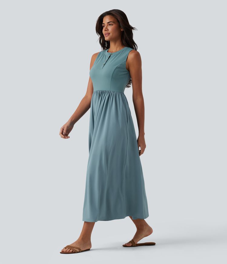 Breezeful™ Henley Neck Sleeveless Quick Dry Flowy Flare Midi Casual Dress with Pockets