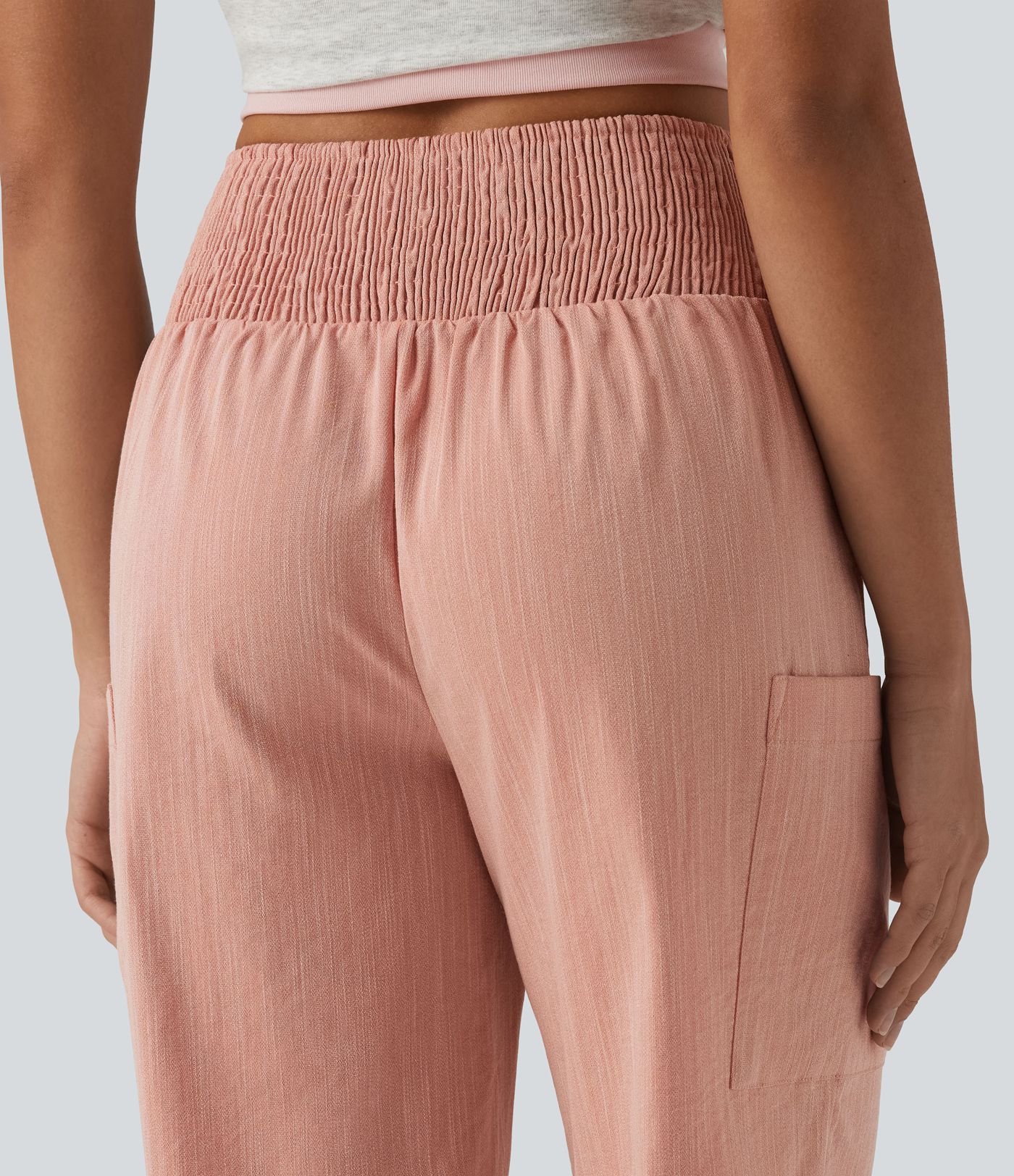 High Waisted Shirred Tapered Casual Linen-Feel Joggers with Pockets