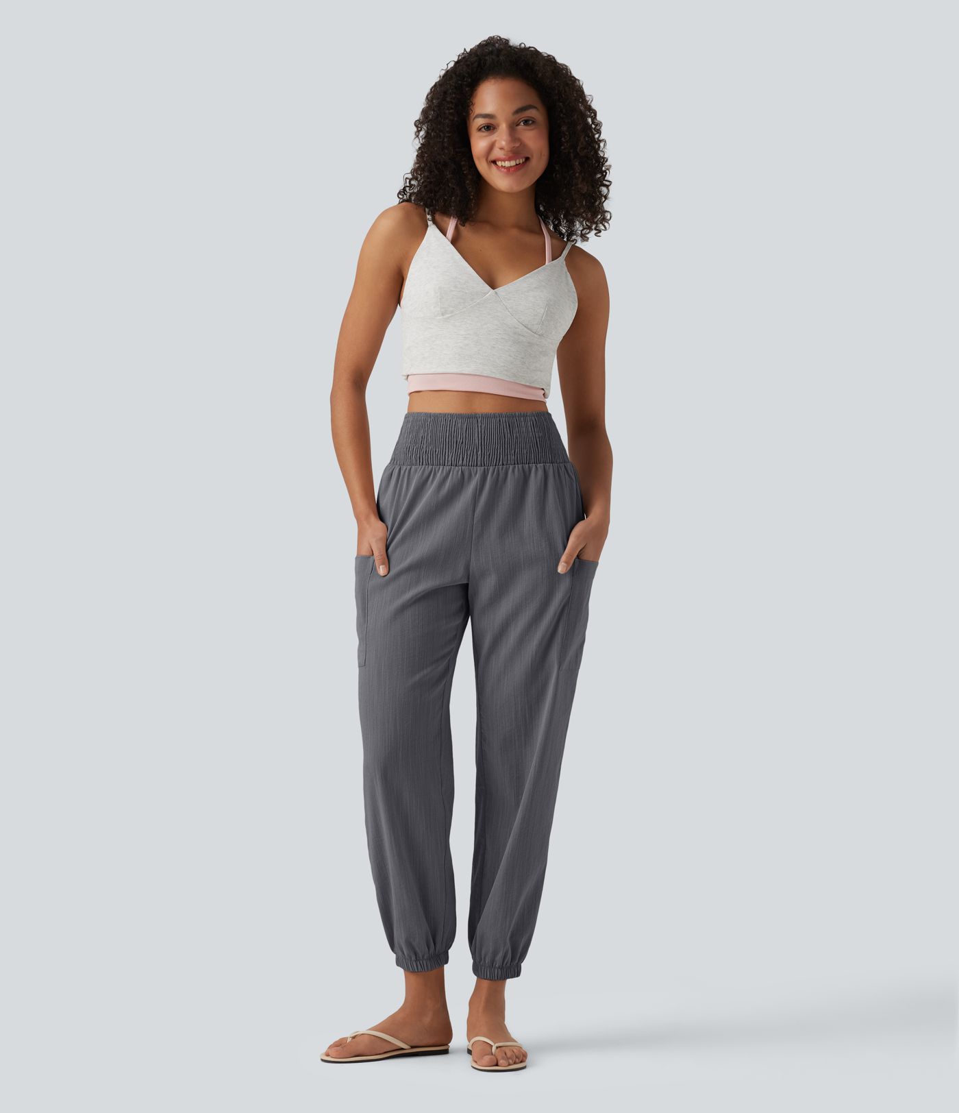 High Waisted Shirred Tapered Casual Linen-Feel Joggers with Pockets
